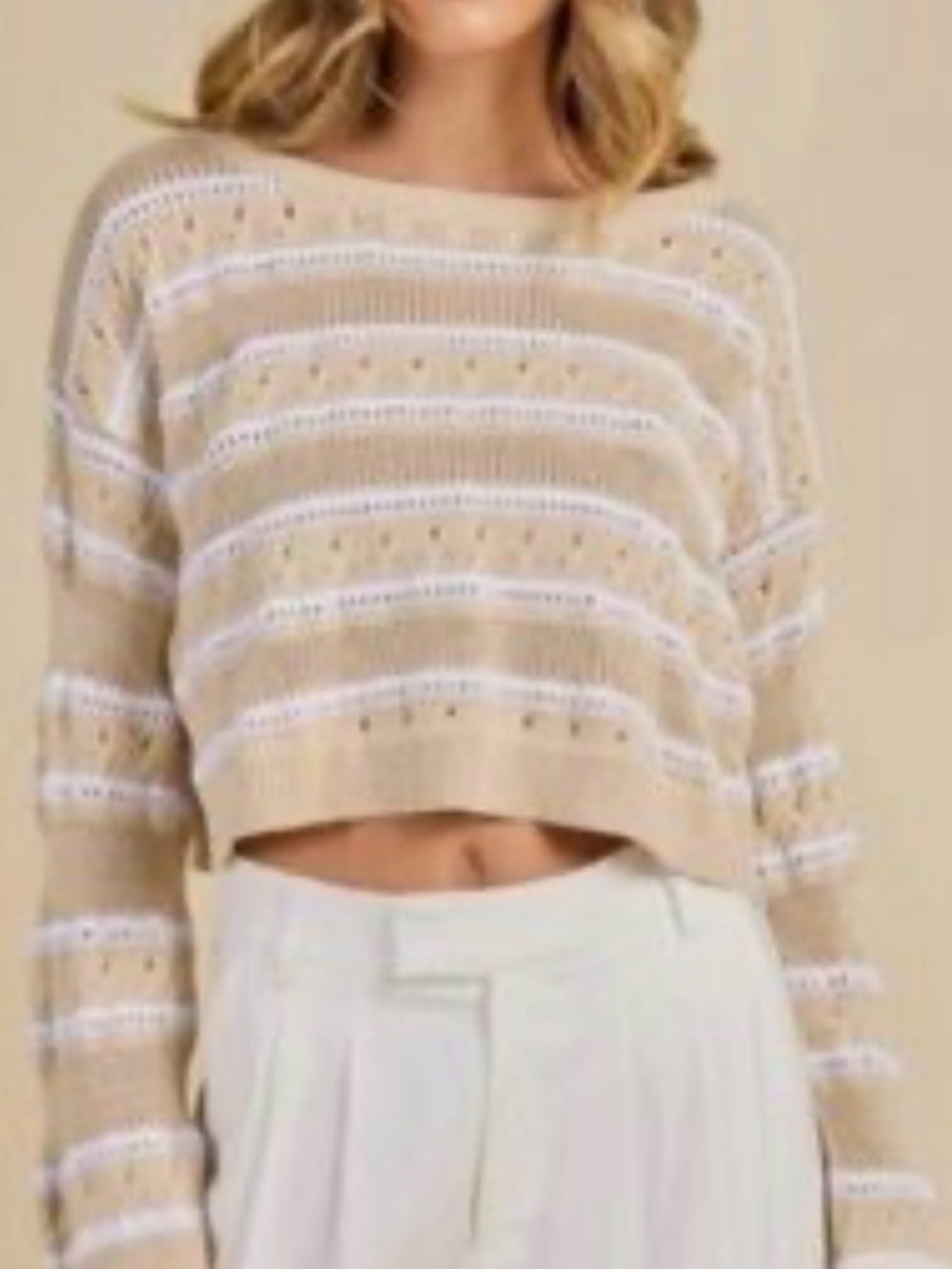 Hollister Beige & White Striped Off-the-Shoulder Cropped Sweater